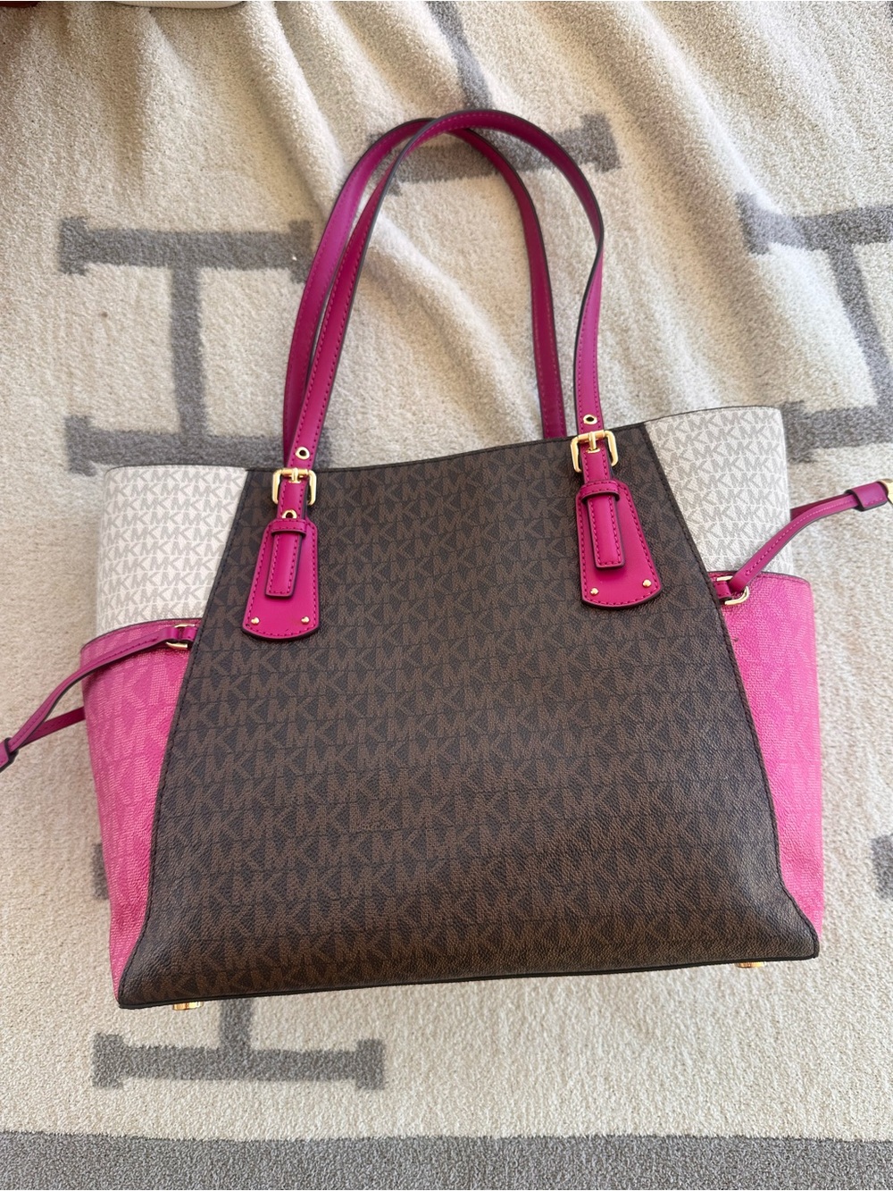 Michael Kors Brown Logo Tote with Pink Accents Voyager tote - Picture 3 of 12